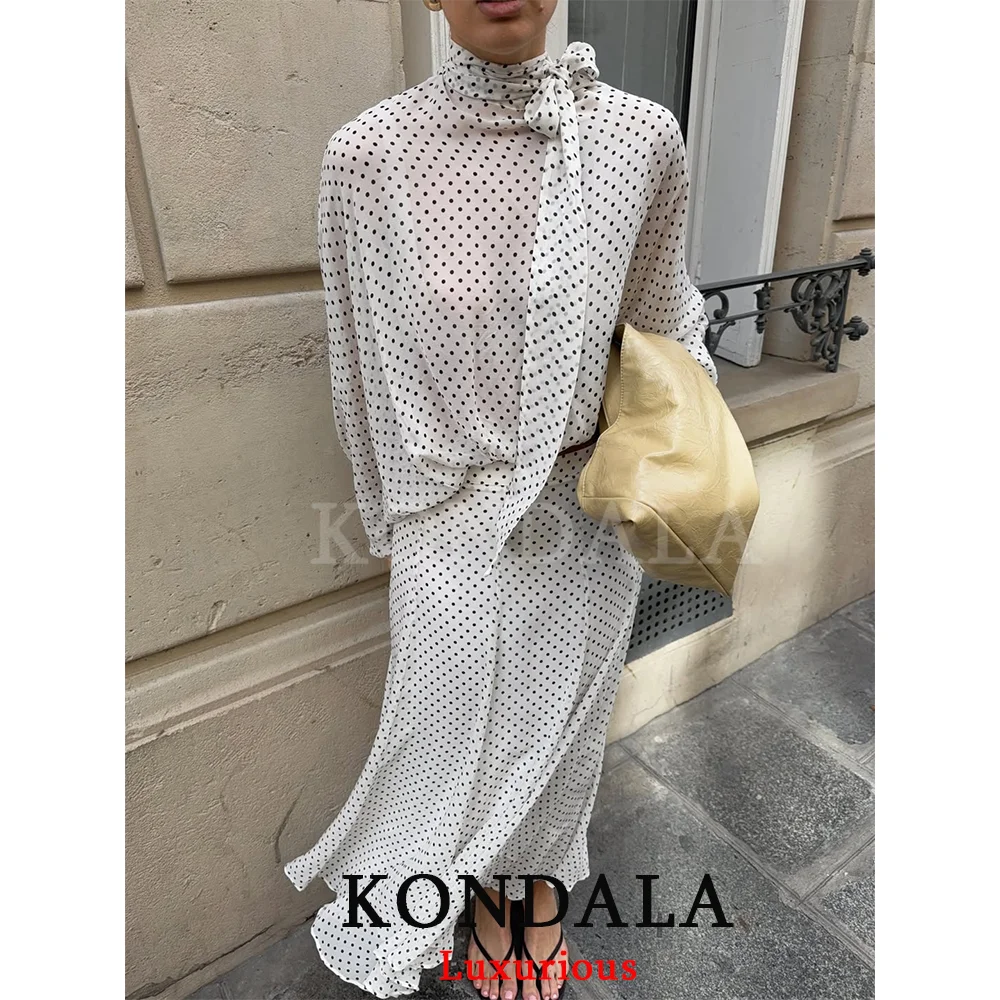 KONDALA Vintage Polka Dot Women Sets Chiffon Bow Tie Loose Blouses Loose Long Skirts Fashion 2026 Spring Summer Holiday Suits thumbnail 3