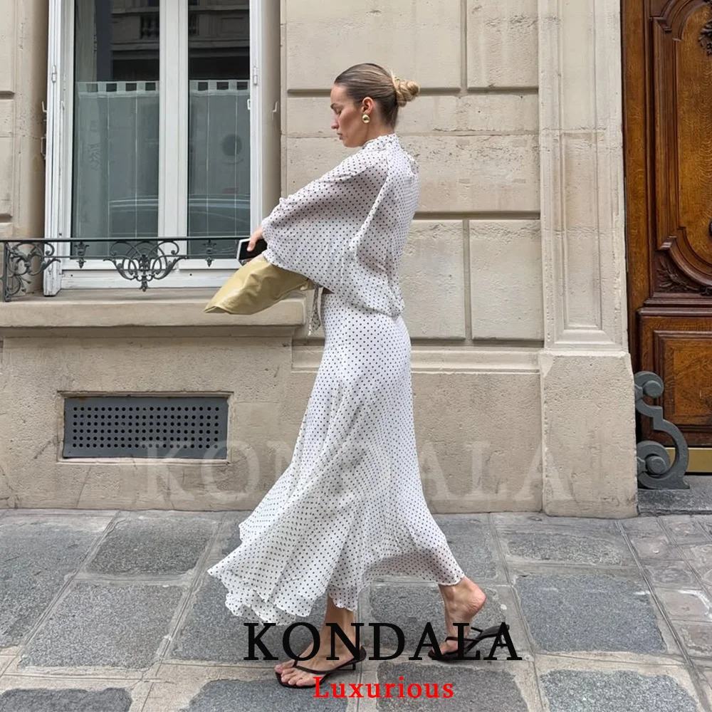 KONDALA Vintage Polka Dot Women Sets Chiffon Bow Tie Loose Blouses Loose Long Skirts Fashion 2026 Spring Summer Holiday Suits thumbnail 4