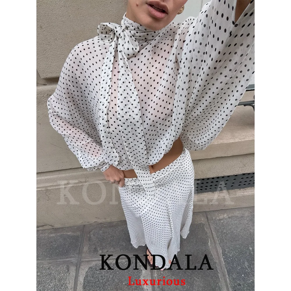 KONDALA Vintage Polka Dot Women Sets Chiffon Bow Tie Loose Blouses Loose Long Skirts Fashion 2026 Spring Summer Holiday Suits thumbnail 5