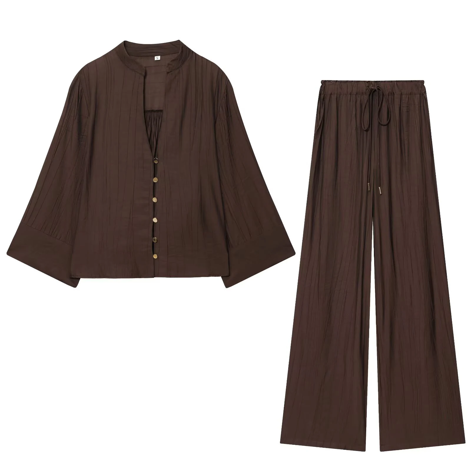 Autumn new women's loose and simple V-neck long sleeved shirt with elastic waist and wide leg pants set thumbnail 2