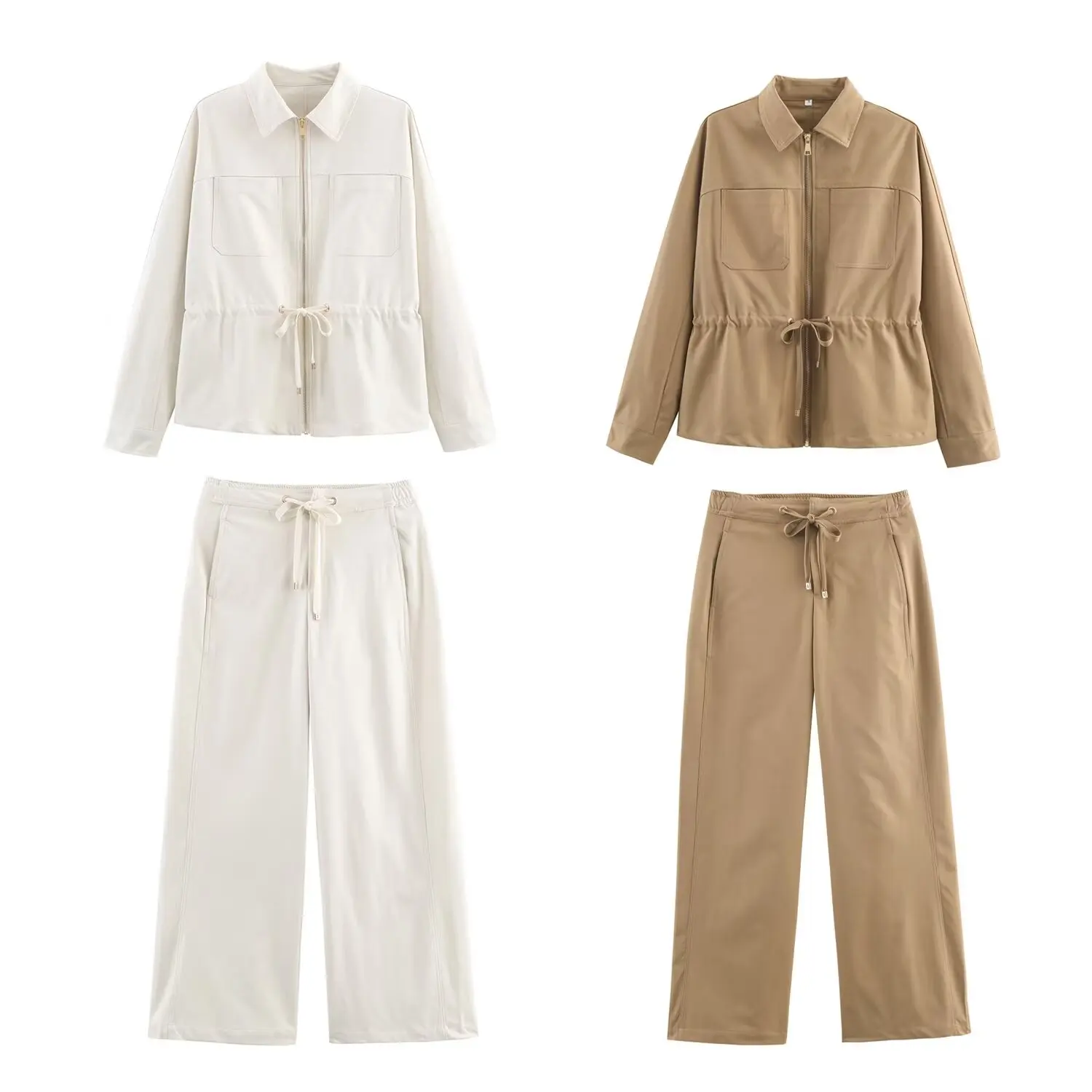 HH Female Causal Pants Suits Long Sleeves Solid Zipper Bomber Jackets+Drawstring Pants Autumn Fashion Safari Wear Khaki Set thumbnail 5