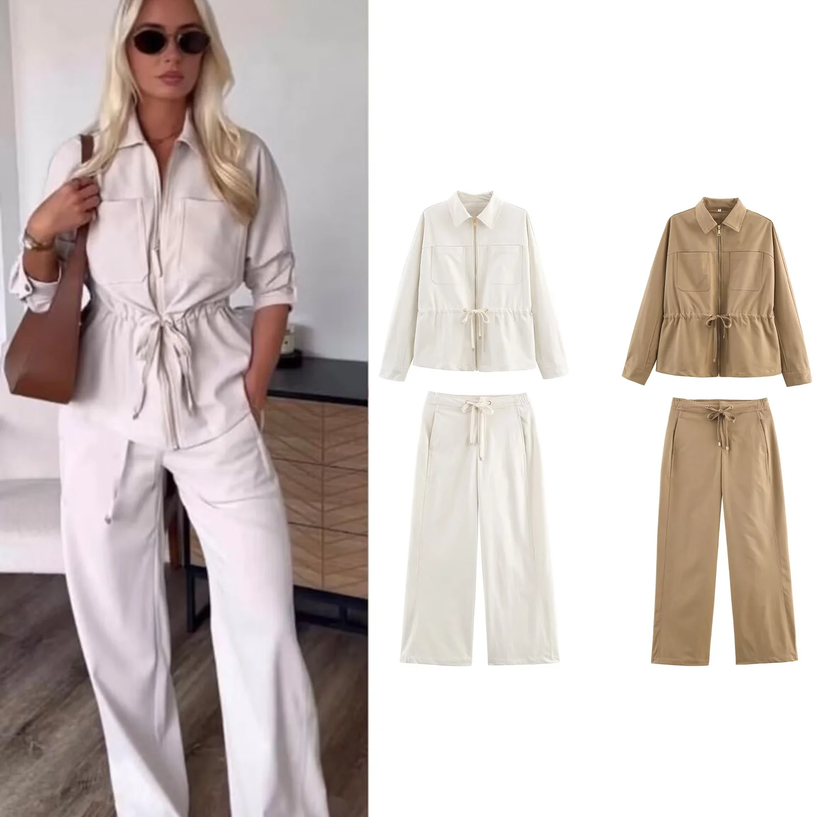 HH Female Causal Pants Suits Long Sleeves Solid Zipper Bomber Jackets+Drawstring Pants Autumn Fashion Safari Wear Khaki Set thumbnail 2