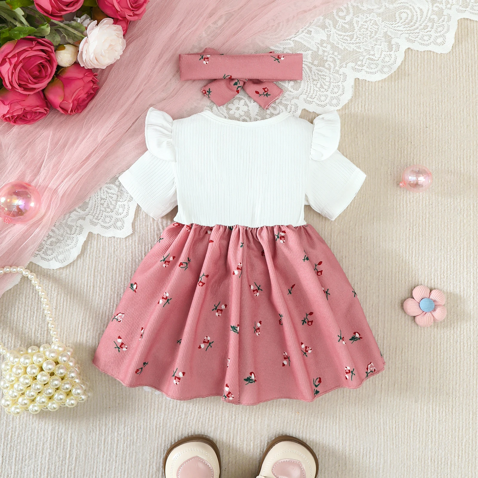 2Pcs/Set Baby girl Dress Small Floral Large bow Summer,Dress+Headband Set suitable for 0-24 Months Baby girls Fashionable Dress thumbnail 2