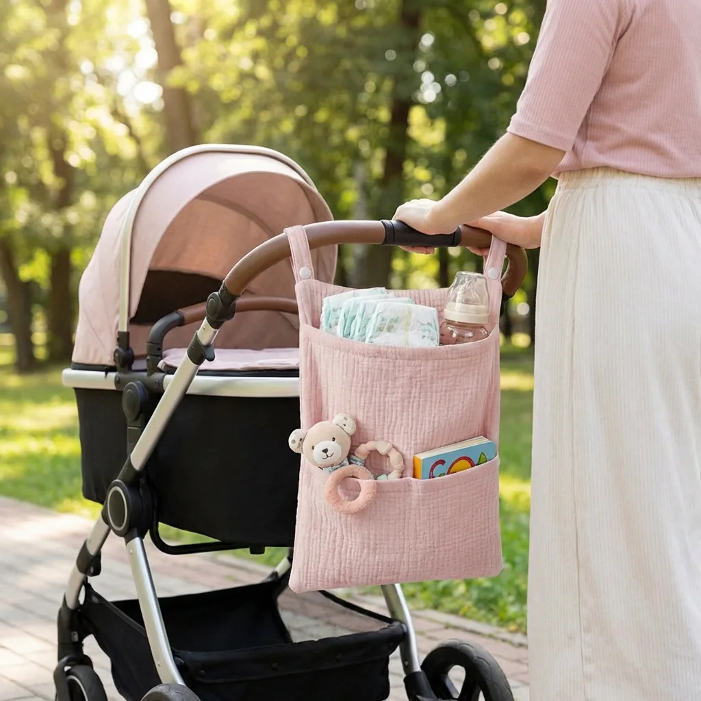 Pure Cotton Baby Crib Hanging Bag Multifunctional Newborn Supplies Storage Bag for Stroller New Pure Cotton Baby Hanging Bag thumbnail 2