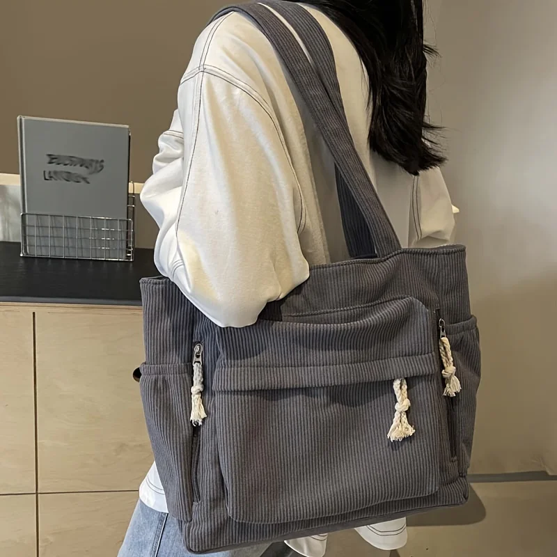 Women Casual Corduroy Shoulder Bag Travel Master Multi Pocket Tote Solid Color thumbnail 3