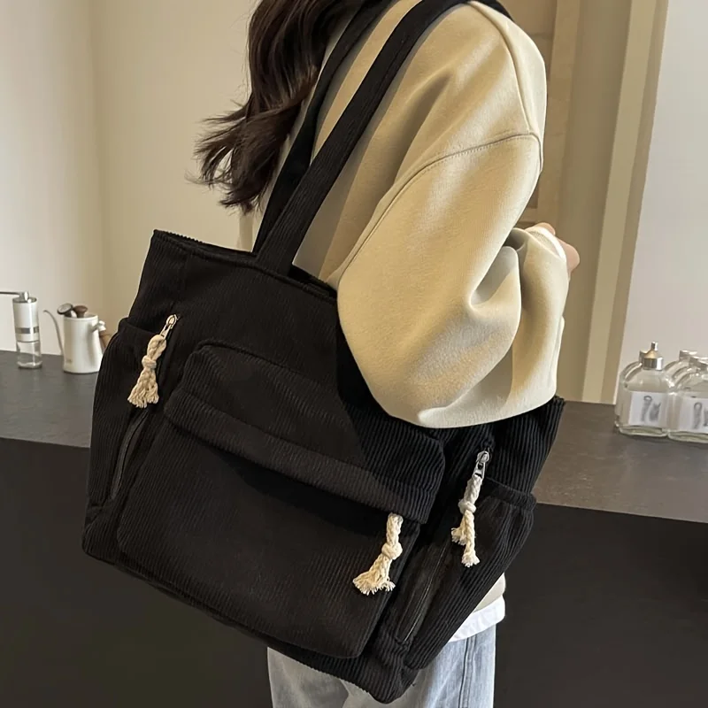 Women Casual Corduroy Shoulder Bag Travel Master Multi Pocket Tote Solid Color thumbnail 5