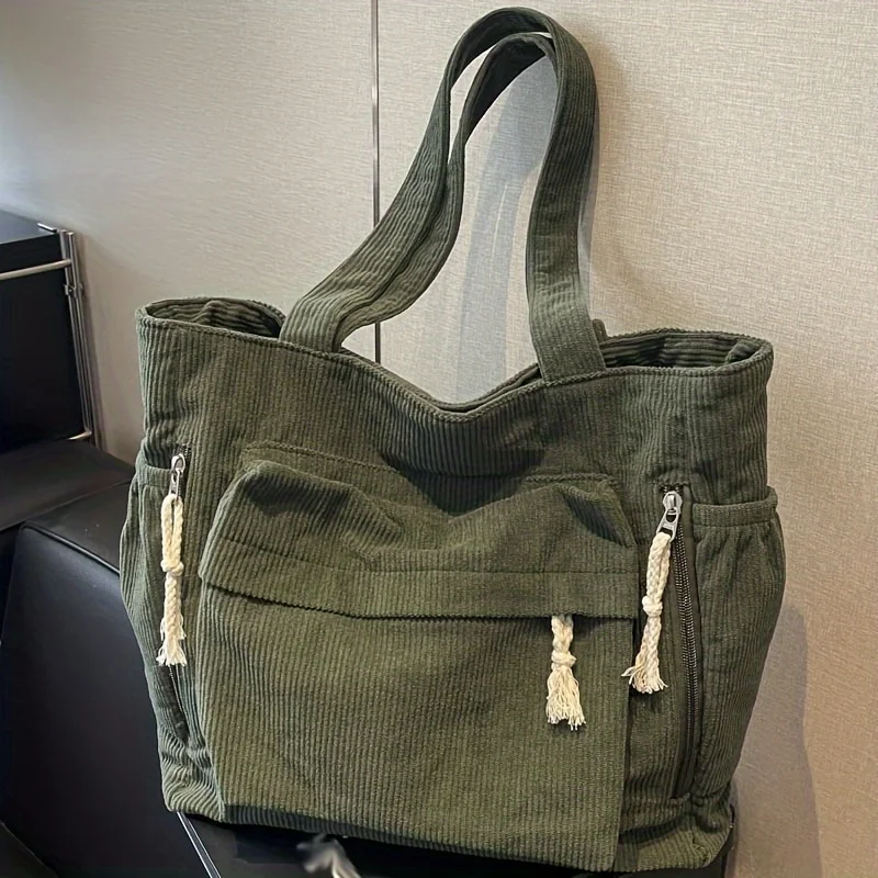 Women Casual Corduroy Shoulder Bag Travel Master Multi Pocket Tote Solid Color thumbnail 6