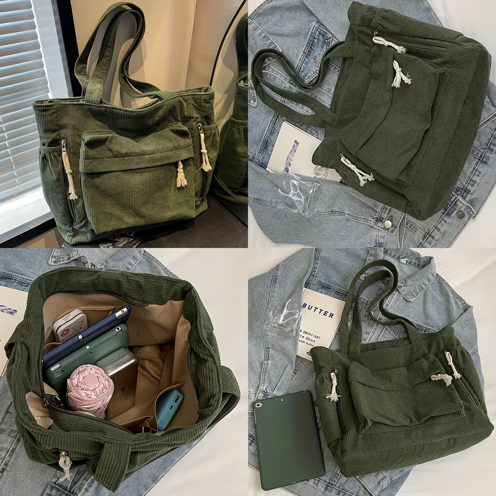 Women Casual Corduroy Shoulder Bag Travel Master Multi Pocket Tote Solid Color thumbnail 4