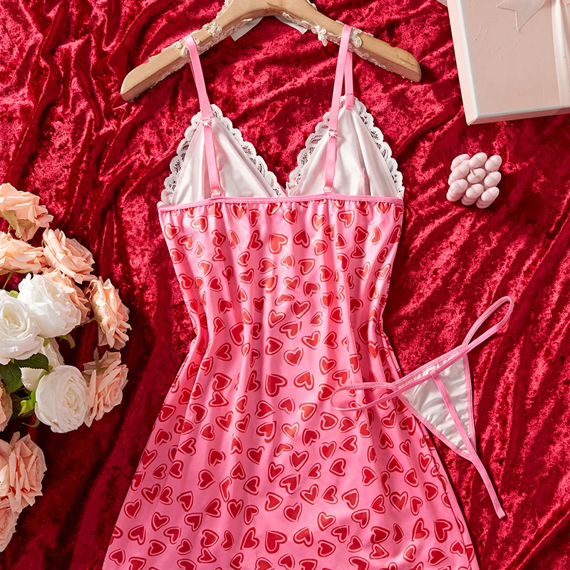 Sexy Women's Suspender Sleeping Dress Printed Patchwork Lace Slit Sexy Nightdress Set Babydoll Erotic Underwear Festival Gift thumbnail 5