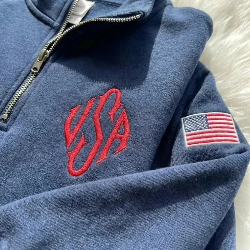 Y2K Navy Blue Quarter Zip Sweatshirt USA Embroidered American Flag Patch Jacket Men Women Vintage Streetwear Fashion Trend top thumbnail 5