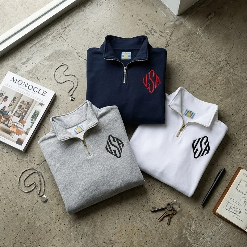 Y2K Navy Blue Quarter Zip Sweatshirt USA Embroidered American Flag Patch Jacket Men Women Vintage Streetwear Fashion Trend top