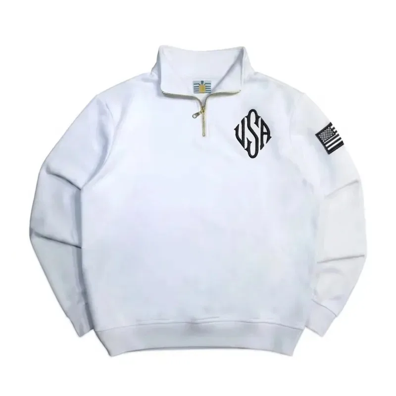 Y2K Navy Blue Quarter Zip Sweatshirt USA Embroidered American Flag Patch Jacket Men Women Vintage Streetwear Fashion Trend top thumbnail 2