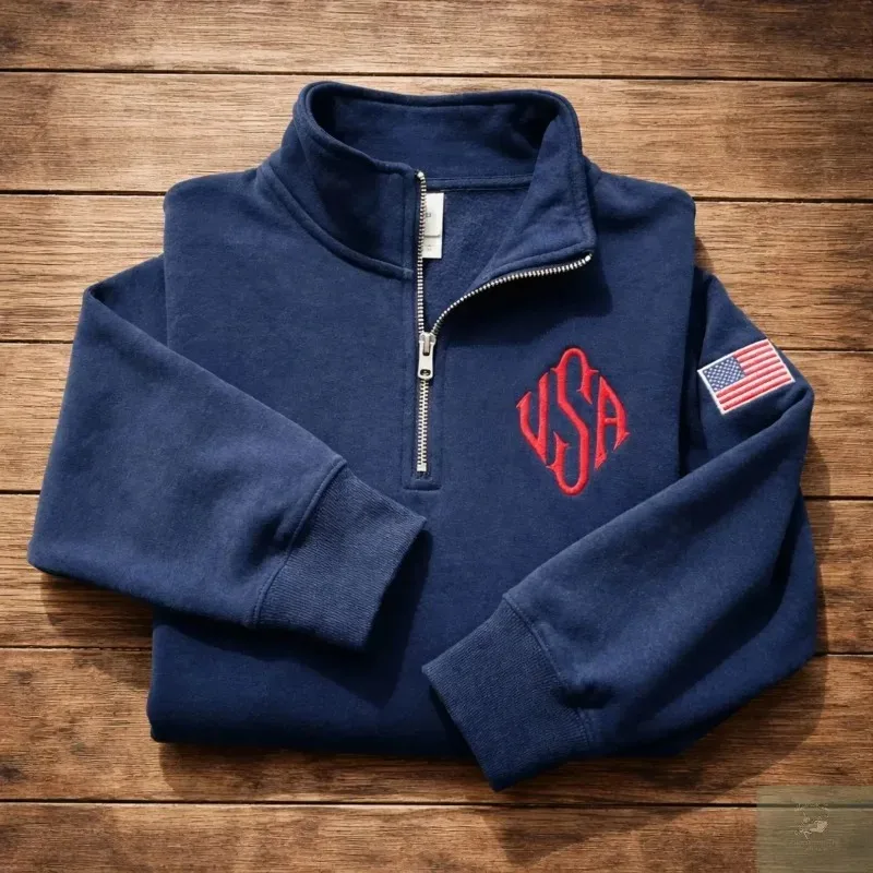 Y2K Navy Blue Quarter Zip Sweatshirt USA Embroidered American Flag Patch Jacket Men Women Vintage Streetwear Fashion Trend top thumbnail 6