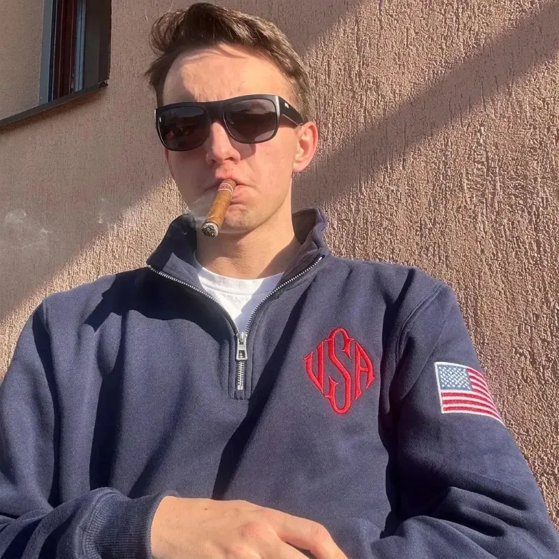Y2K Navy Blue Quarter Zip Sweatshirt USA Embroidered American Flag Patch Jacket Men Women Vintage Streetwear Fashion Trend top thumbnail 3