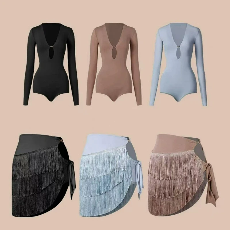 Adult Latin Dance Dress Set Women Sexy Deep V Long Sleeve Bodysuit Tassel Skirt Costume Rumba Cha Cha Practice Training Clothing thumbnail 6