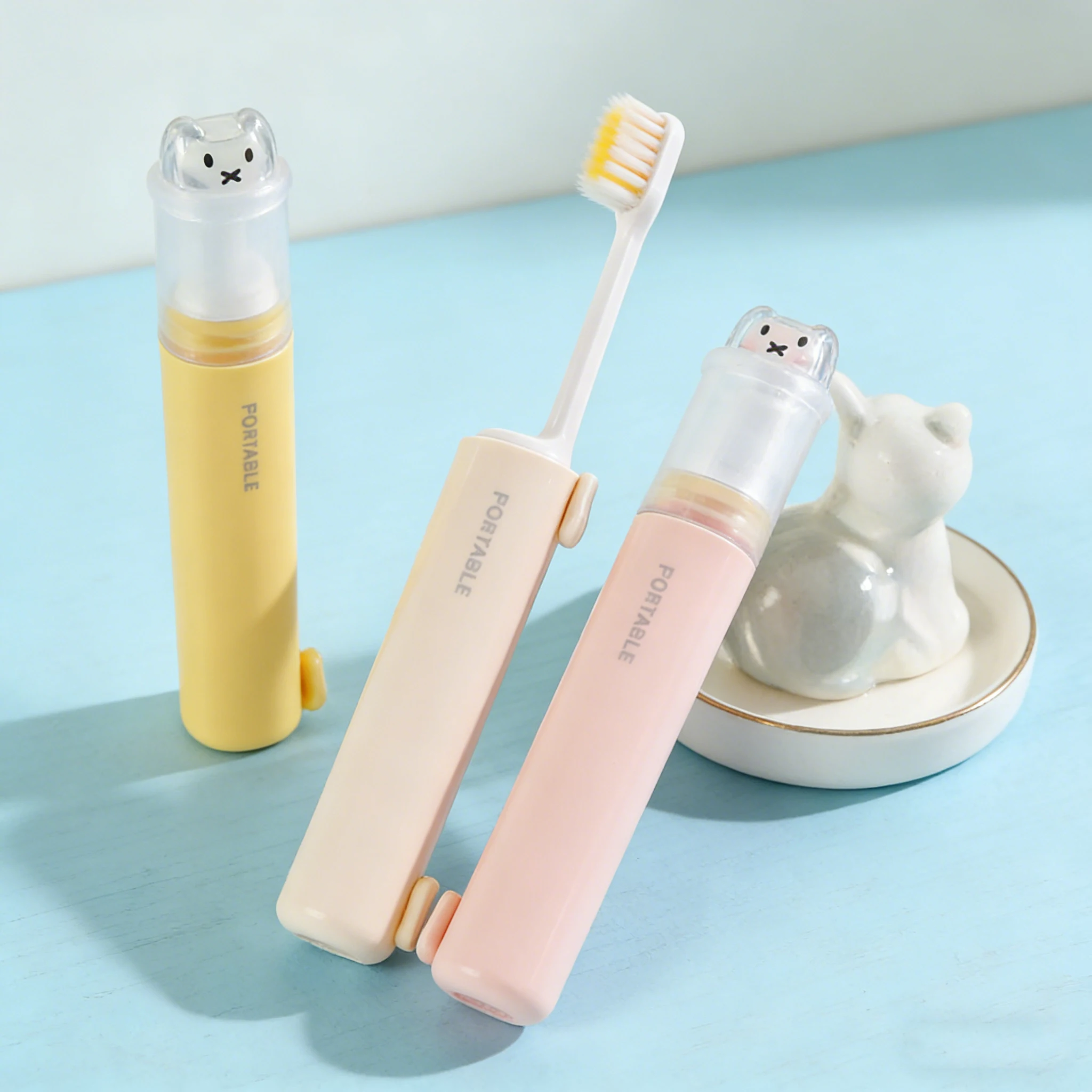 Cute 2 In 1 Foldable Travel Toothbrush Portable Toothpaste Storage Soft Bristle Toothbrush with Bear Dust Cover Macaron Colors thumbnail 6