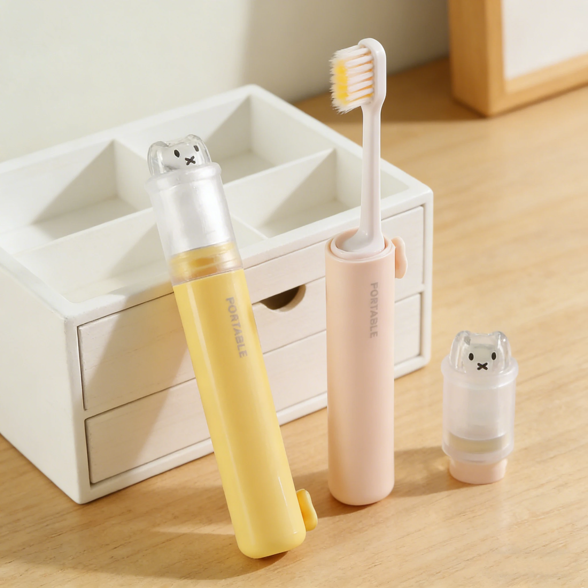 Cute 2 In 1 Foldable Travel Toothbrush Portable Toothpaste Storage Soft Bristle Toothbrush with Bear Dust Cover Macaron Colors thumbnail 2
