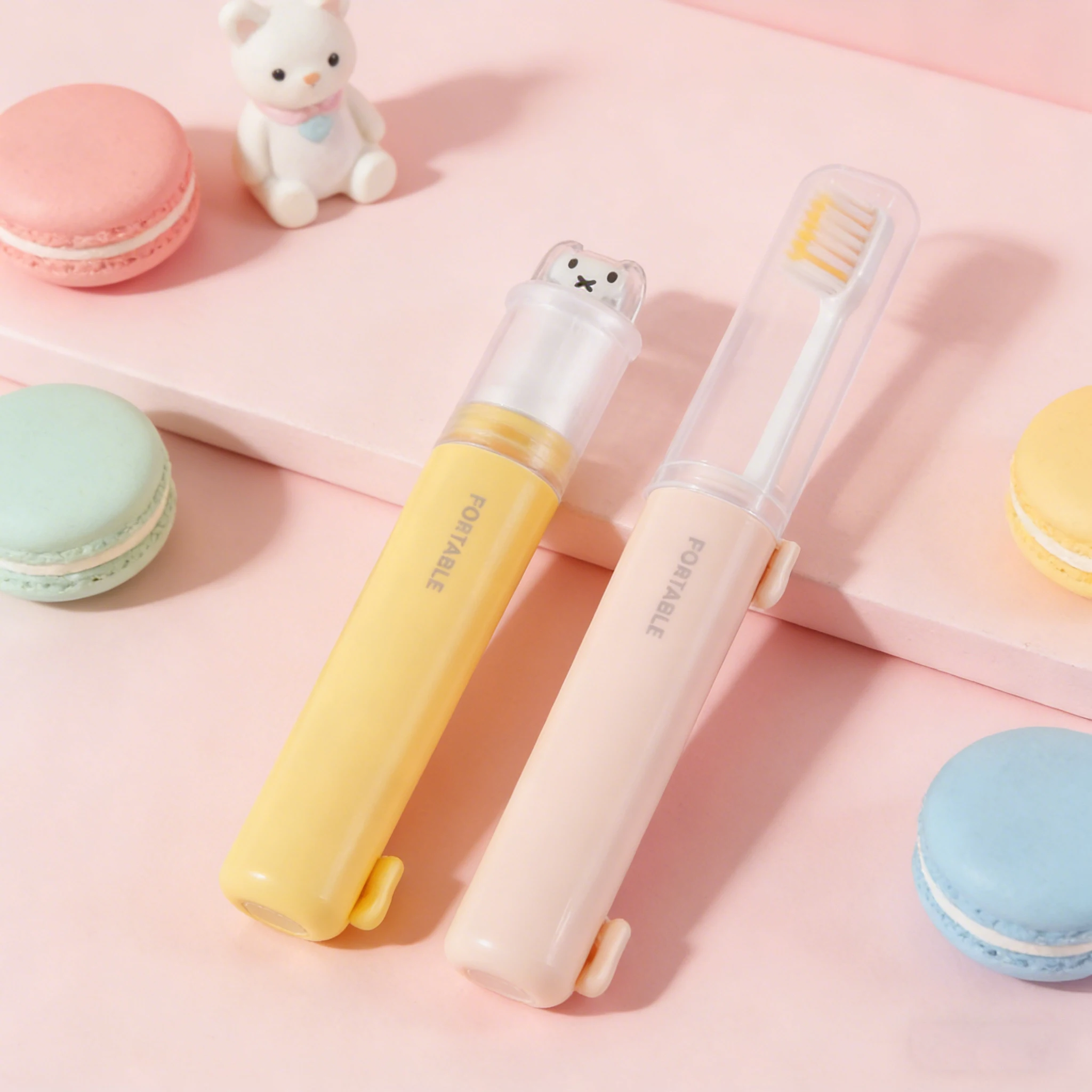 Cute 2 In 1 Foldable Travel Toothbrush Portable Toothpaste Storage Soft Bristle Toothbrush with Bear Dust Cover Macaron Colors thumbnail 3