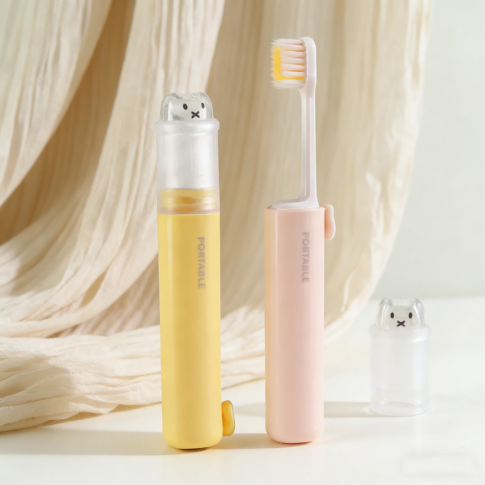 Cute 2 In 1 Foldable Travel Toothbrush Portable Toothpaste Storage Soft Bristle Toothbrush with Bear Dust Cover Macaron Colors thumbnail 4