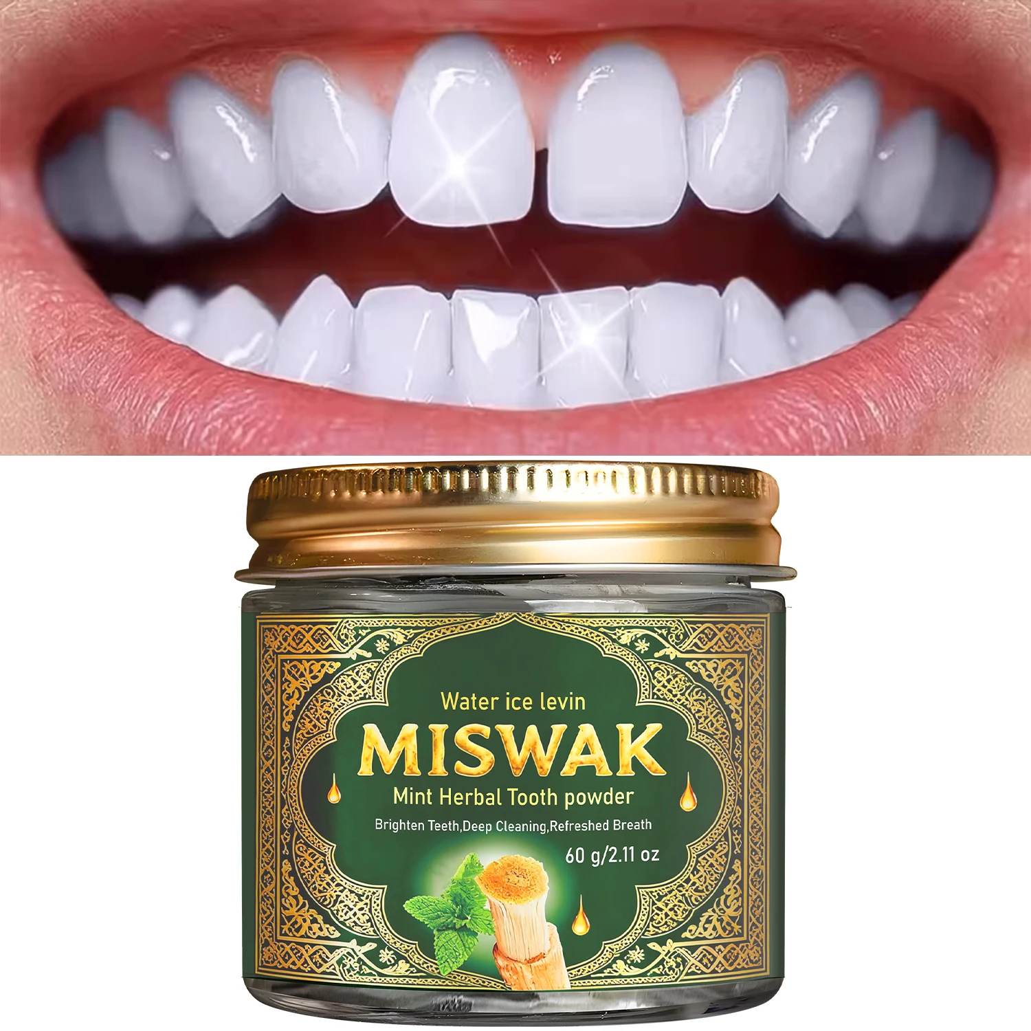Miswak Mint Herbal Tooth Powder - Deep Cleansing, Teeth Brightening & Fresh Breath with Collagen & Hyaluronic Acid
