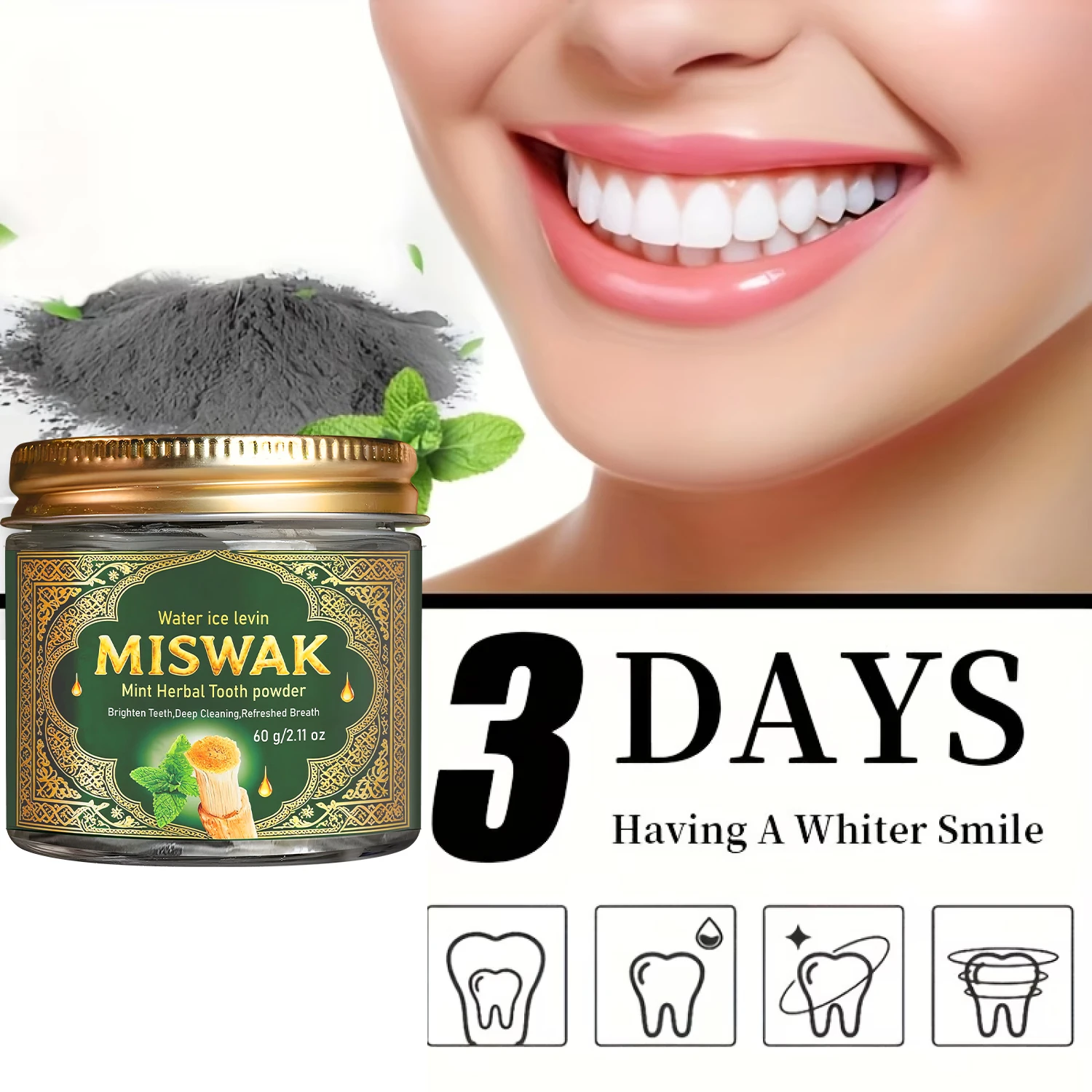 Miswak Mint Herbal Tooth Powder - Deep Cleansing, Teeth Brightening & Fresh Breath with Collagen & Hyaluronic Acid thumbnail 5