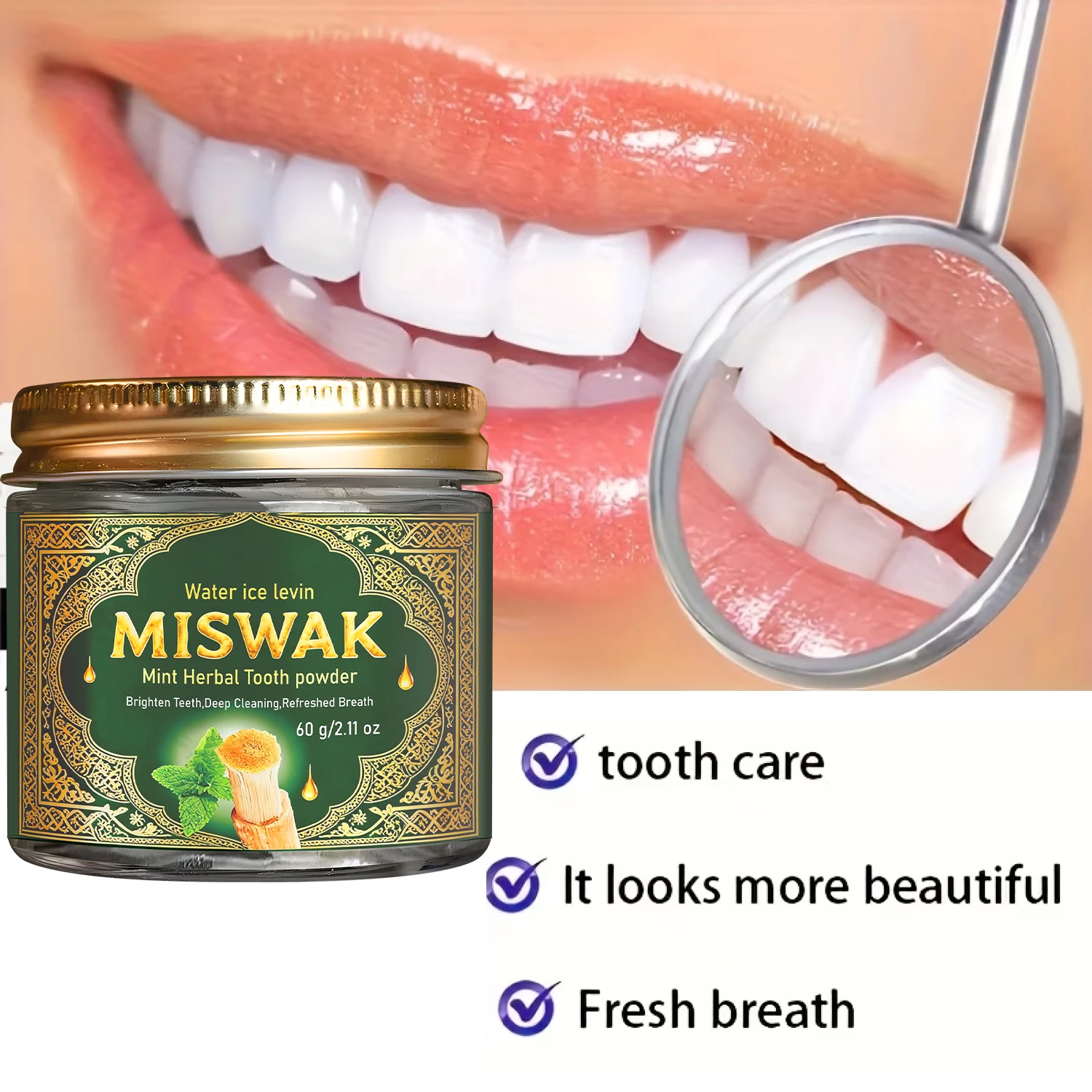 Miswak Mint Herbal Tooth Powder - Deep Cleansing, Teeth Brightening & Fresh Breath with Collagen & Hyaluronic Acid thumbnail 3