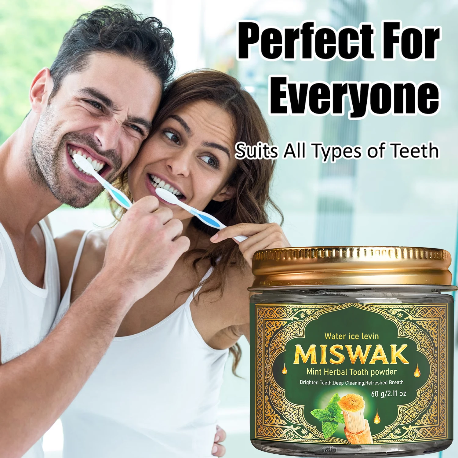 Miswak Mint Herbal Tooth Powder - Deep Cleansing, Teeth Brightening & Fresh Breath with Collagen & Hyaluronic Acid thumbnail 2