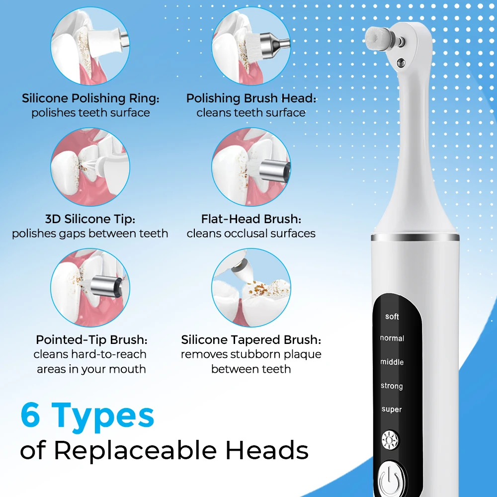 1200RPM Electric Tooth Polisher Teeth Whitening Cleaner 5 Modes with 5 or 6 Brush Heads LED Light Plaque Dental Tartar Remover thumbnail 3
