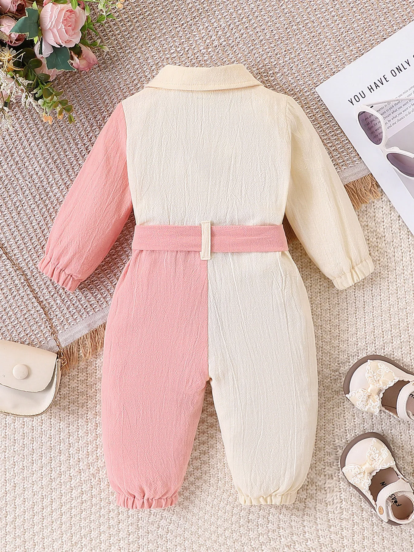 Baby Girl Color-Blocked Long-Sleeved Jumpsuit with Lapel and Button Closure, Waist Bow Tie, Patch Pocket Design, Soft Fabric, Cute One-Piece Outfit for Spring and Autumn thumbnail 2