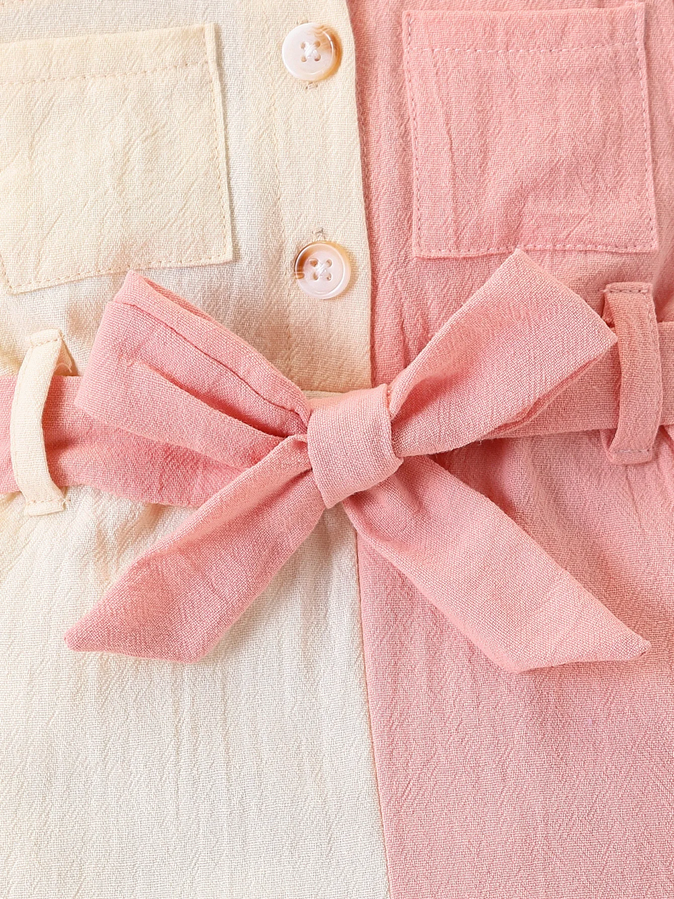 Baby Girl Color-Blocked Long-Sleeved Jumpsuit with Lapel and Button Closure, Waist Bow Tie, Patch Pocket Design, Soft Fabric, Cute One-Piece Outfit for Spring and Autumn thumbnail 5