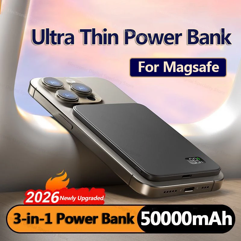 3 IN 1 Power Bank 50000mAh Slim Magnetic Wireless Power Bank For MagSafe 22.5W External Battery For iPhone Samsung Mobile Phone