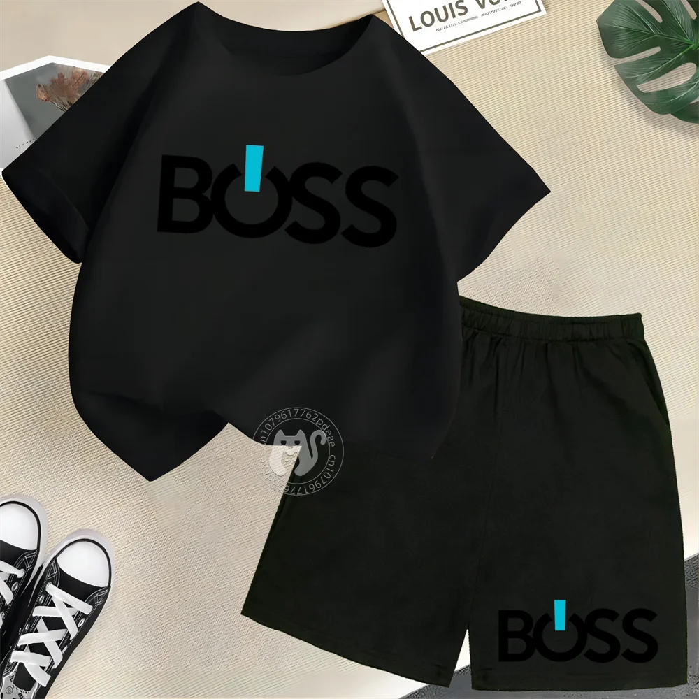 kids to be Boss print summer hot t-shirt white tee tops 2pcs shorts girl clothes boy suits