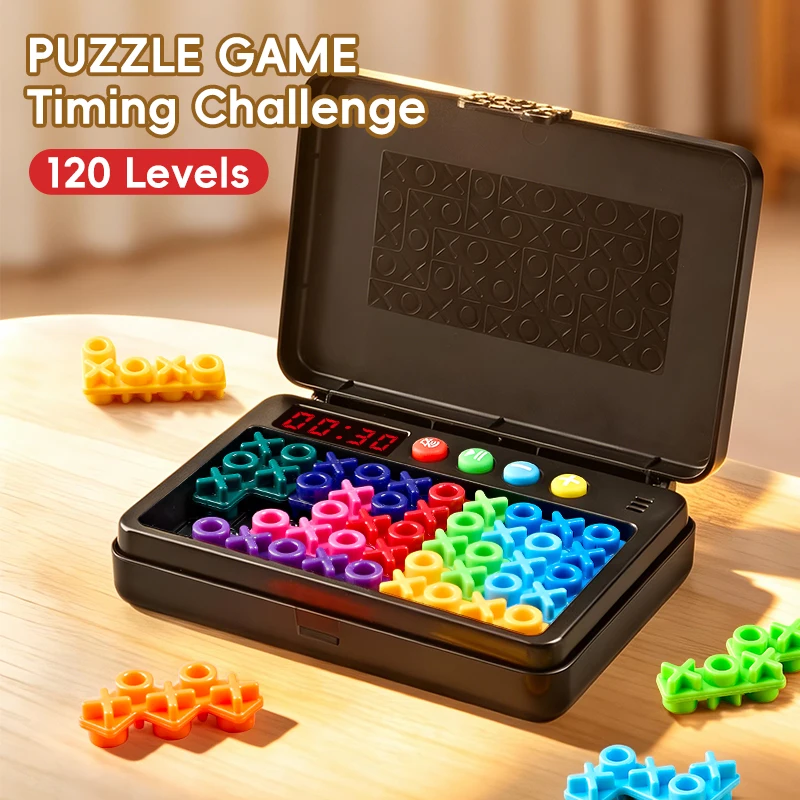 Timed Version IQ XOXO Logic Puzzle Game, 120 Challenges Travel Brain Teaser with Case, Educational Game for Kids Adults Gifts