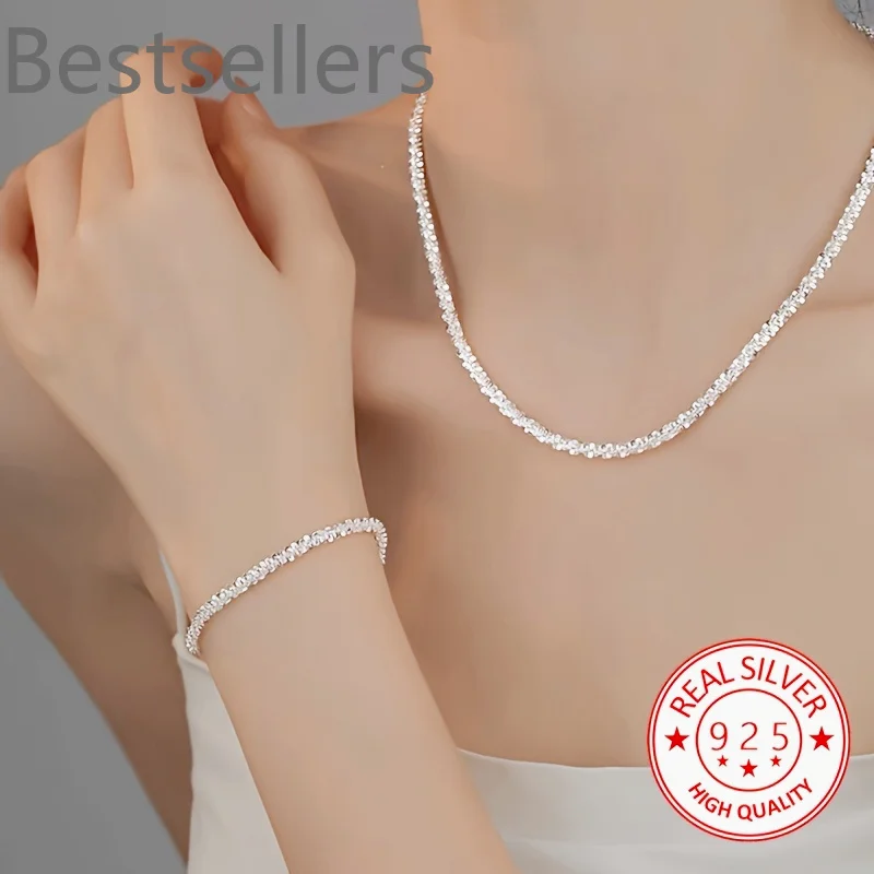 2pcs Elegant 925 Sterling Silver Chain Bracelet necklace Jewelry Set, for women lady men Wedding,Valentine'S Gift