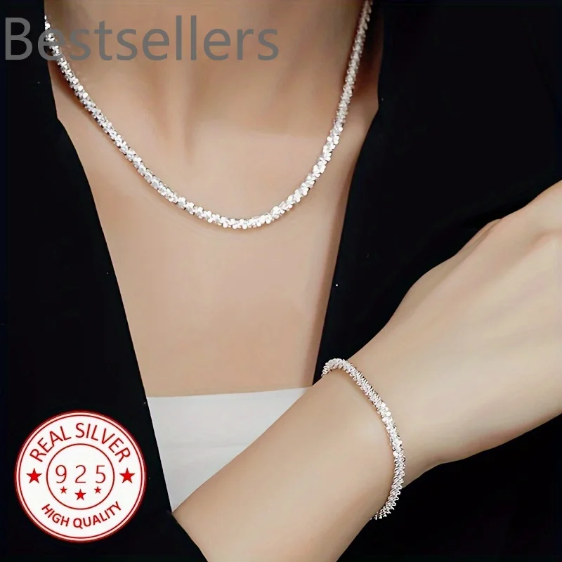 2pcs Elegant 925 Sterling Silver Chain Bracelet necklace Jewelry Set, for women lady men Wedding,Valentine'S Gift thumbnail 2