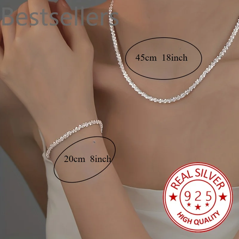 2pcs Elegant 925 Sterling Silver Chain Bracelet necklace Jewelry Set, for women lady men Wedding,Valentine'S Gift thumbnail 3
