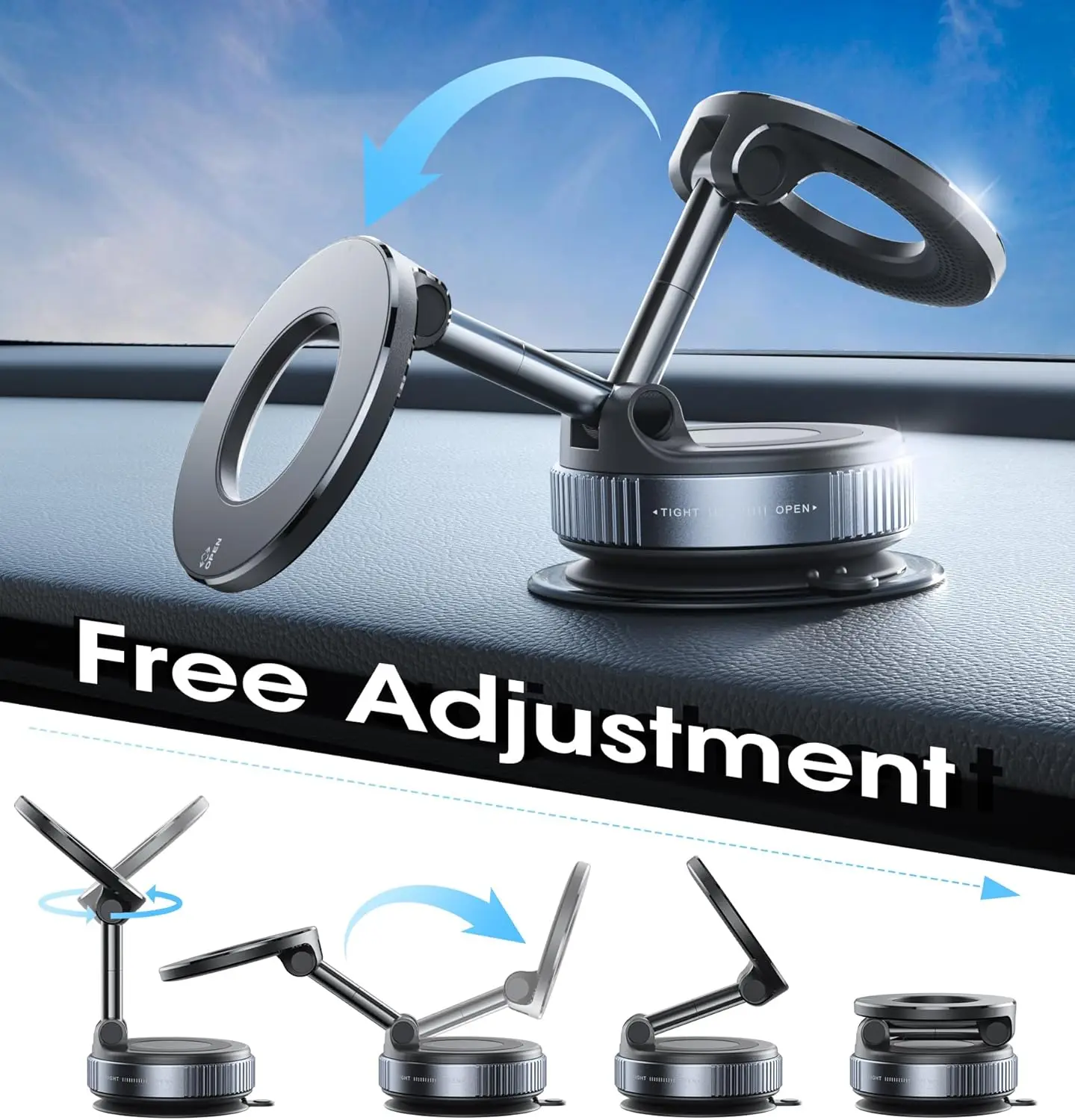 Strong Magnetic Car Phone Holder Foldable 360° Adjustable Vacuum Suction Mount Universal for Car, Desk, Bathroom thumbnail 4