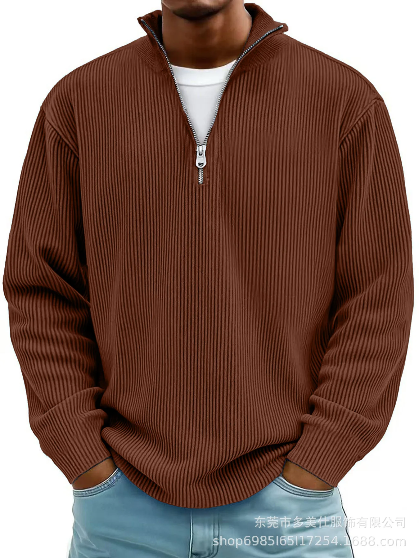 Men's Quarter Zip Corduroy Polo Shirt Long Sleeve Casual Stand Collar Pullover for Daily Wear Streetwear thumbnail 4