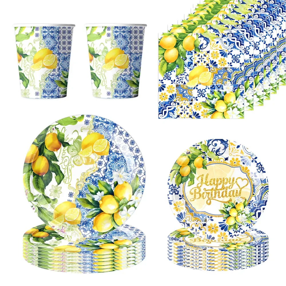 Lemon Birthday Decoration Sicilian Lemon Paper Plates Cups Napkins Tablecloth Banners Spiral Baptism Dolce Vita Party Supplies thumbnail 5