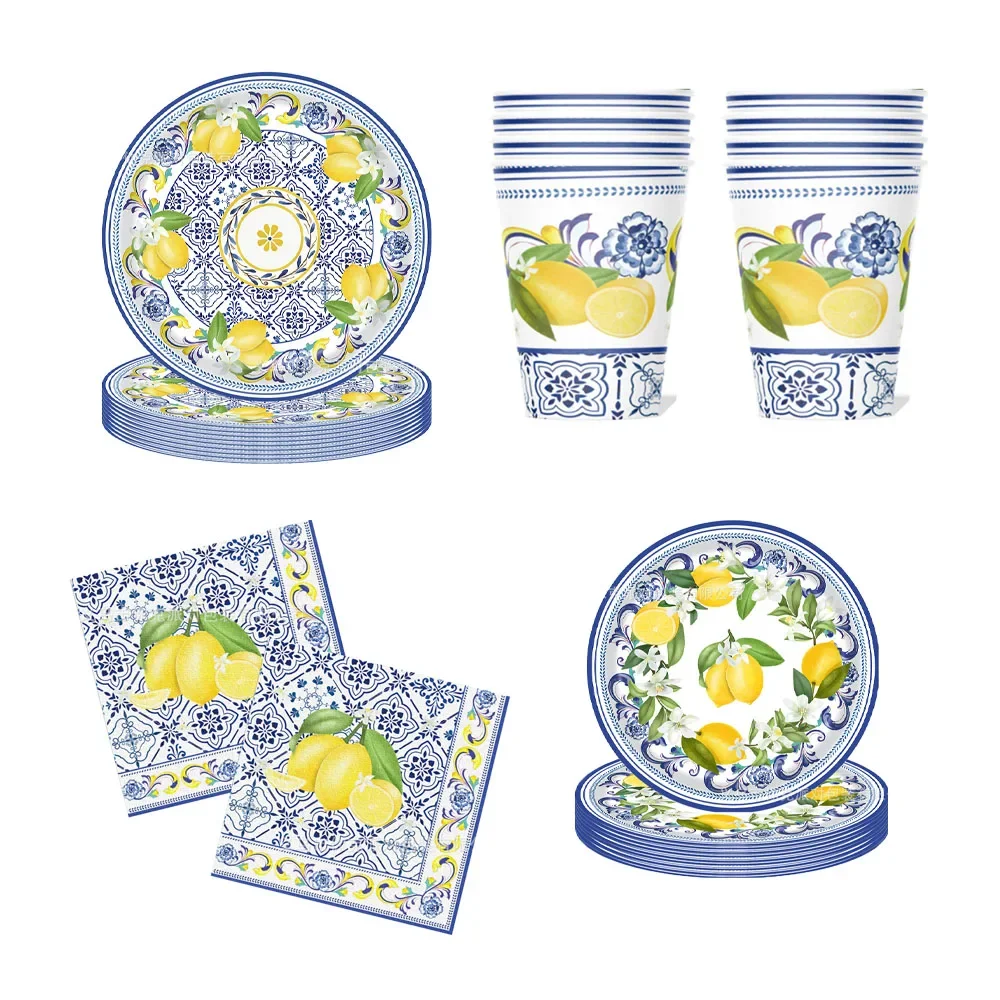 Lemon Birthday Decoration Sicilian Lemon Paper Plates Cups Napkins Tablecloth Banners Spiral Baptism Dolce Vita Party Supplies thumbnail 4