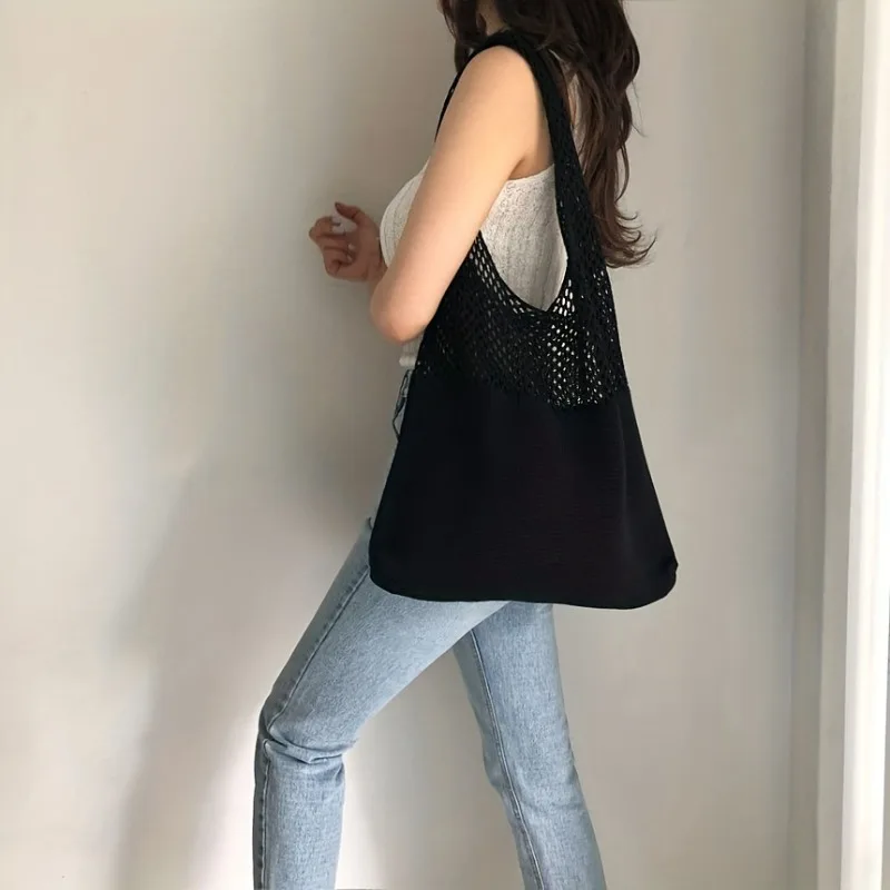 2026 New Women's Knit Shoulder Bag Solid Color Polyester Large Capacity Casual Vintage Tote Bag Reusable Shopping Travel Handbag thumbnail 2