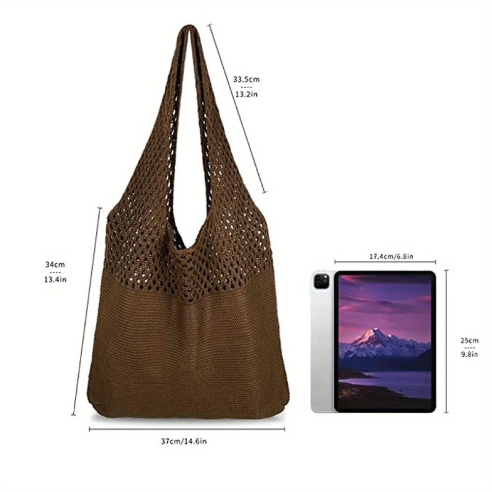 2026 New Women's Knit Shoulder Bag Solid Color Polyester Large Capacity Casual Vintage Tote Bag Reusable Shopping Travel Handbag thumbnail 6