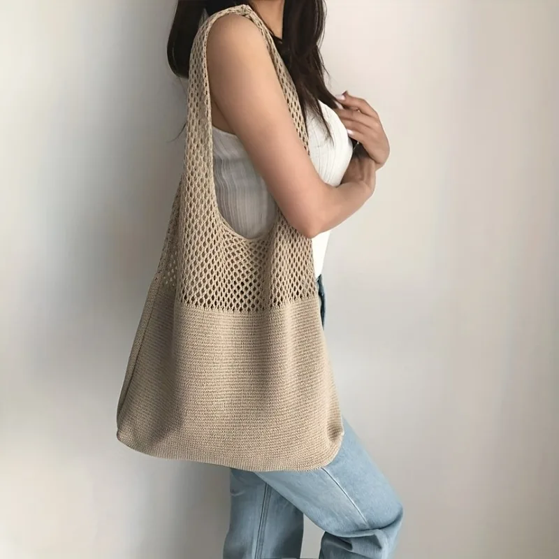 2026 New Women's Knit Shoulder Bag Solid Color Polyester Large Capacity Casual Vintage Tote Bag Reusable Shopping Travel Handbag
