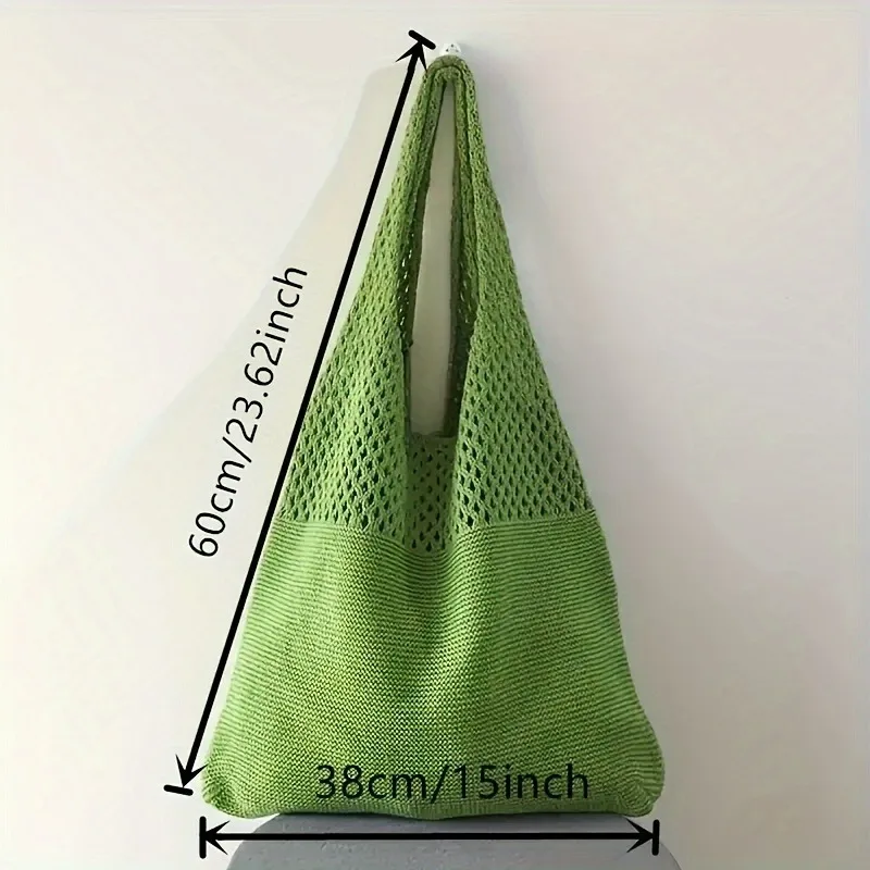 2026 New Women's Knit Shoulder Bag Solid Color Polyester Large Capacity Casual Vintage Tote Bag Reusable Shopping Travel Handbag thumbnail 4