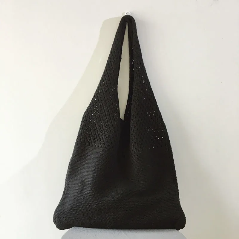 2026 New Women's Knit Shoulder Bag Solid Color Polyester Large Capacity Casual Vintage Tote Bag Reusable Shopping Travel Handbag thumbnail 5