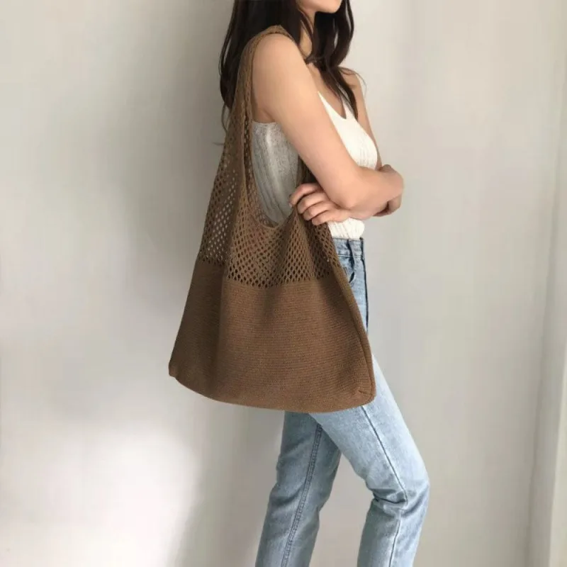 2026 New Women's Knit Shoulder Bag Solid Color Polyester Large Capacity Casual Vintage Tote Bag Reusable Shopping Travel Handbag thumbnail 3
