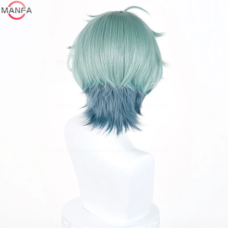 Genshin Impact Lohen Cosplay Wig Light Green and Blue Mix Short wig Heat Resistant Synthetic Anime Wigs + Wig Cap thumbnail 4