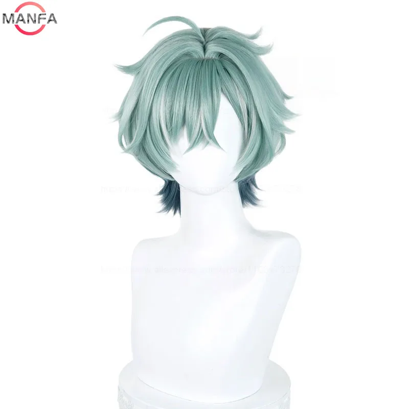 Genshin Impact Lohen Cosplay Wig Light Green and Blue Mix Short wig Heat Resistant Synthetic Anime Wigs + Wig Cap thumbnail 2