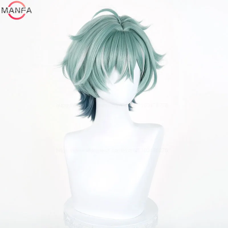 Genshin Impact Lohen Cosplay Wig Light Green and Blue Mix Short wig Heat Resistant Synthetic Anime Wigs + Wig Cap thumbnail 3