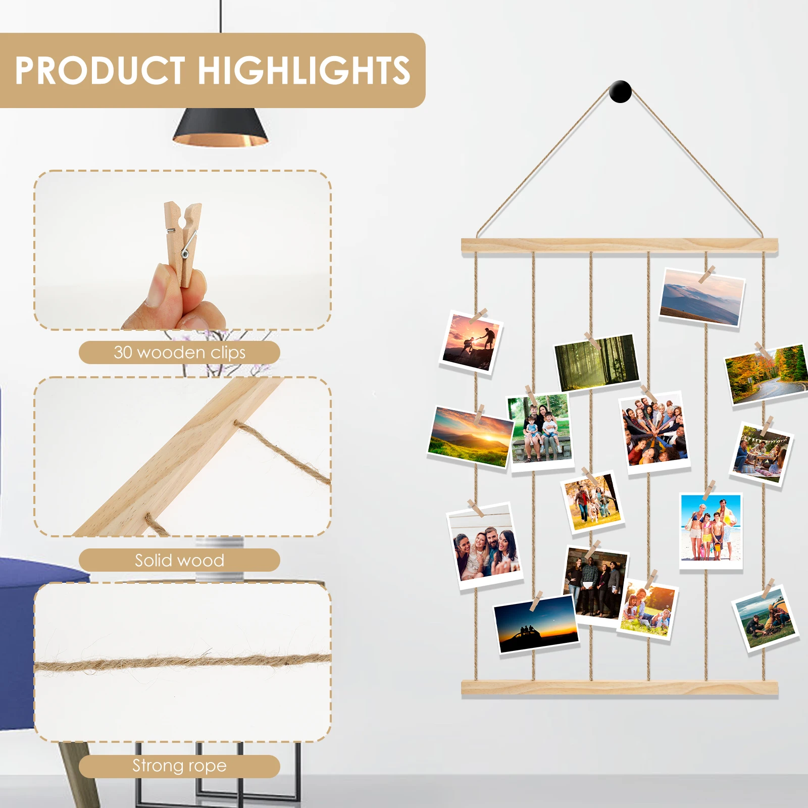 Hanging Photo Display Holder Picture Frames Collage Wall Decor Versatile Photo Hanging Display Picture Board for Home Decoration thumbnail 4